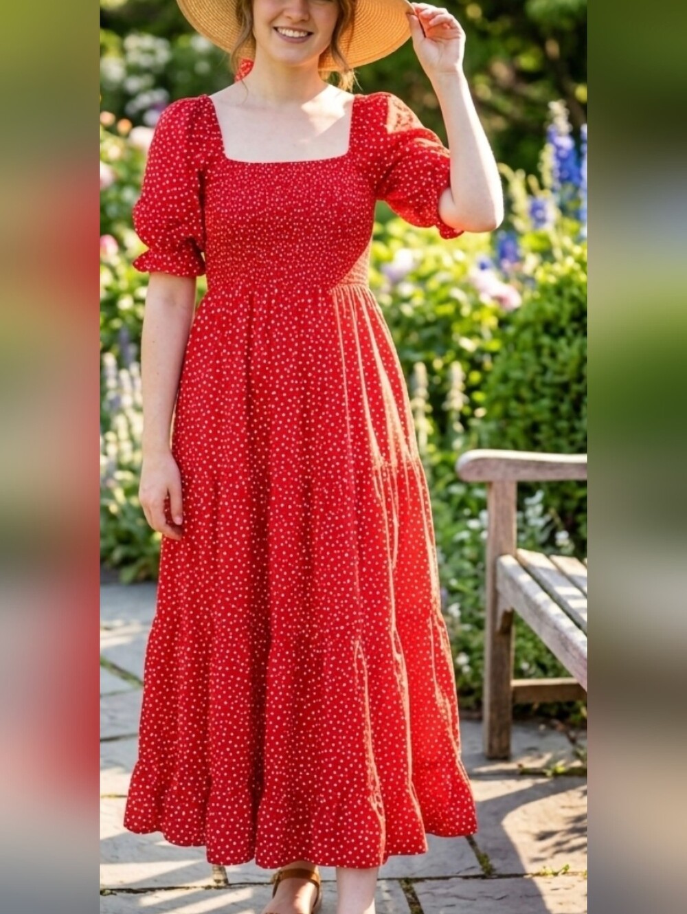 ❤️Red Puff-Sleeve Square-Neck Maxi Dress - Pit 17 To 18 100% Poly